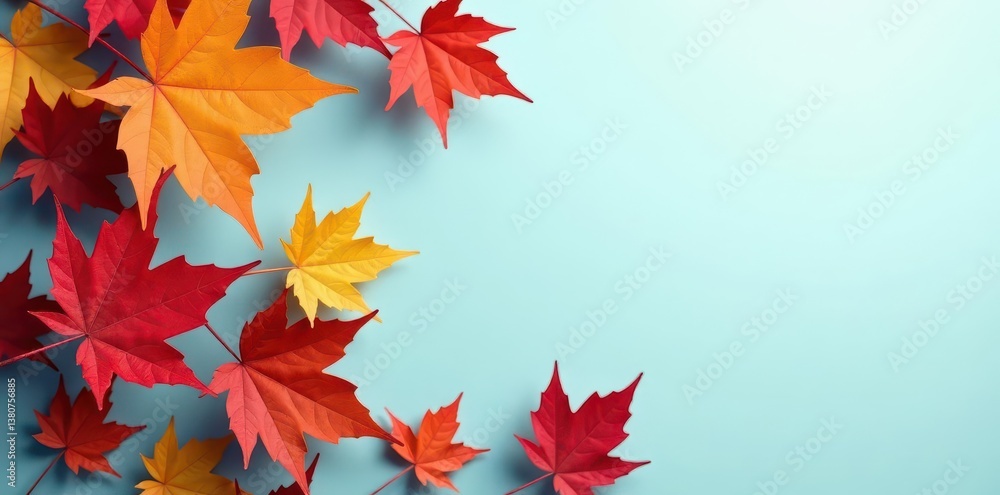 Crisp autumn leaves, vibrant reds & golds, soft light blue backdrop, autumn, leaves, background Crisp autumn leaves, vibrant reds & golds, soft light blue backdrop, autumn, leaves, background