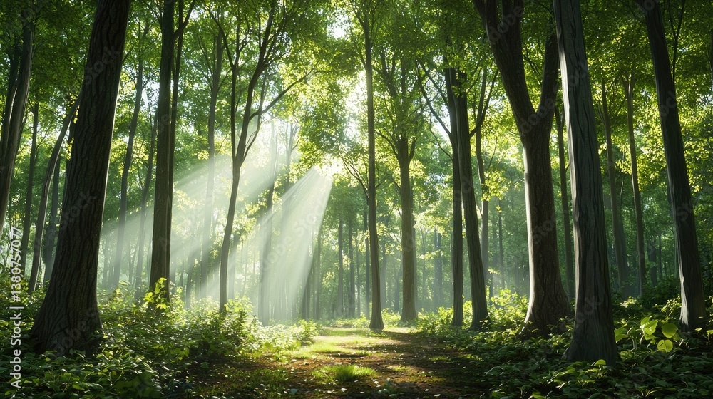 Fototapeta premium A high-resolution view of a tranquil forest with soft light filtering through.