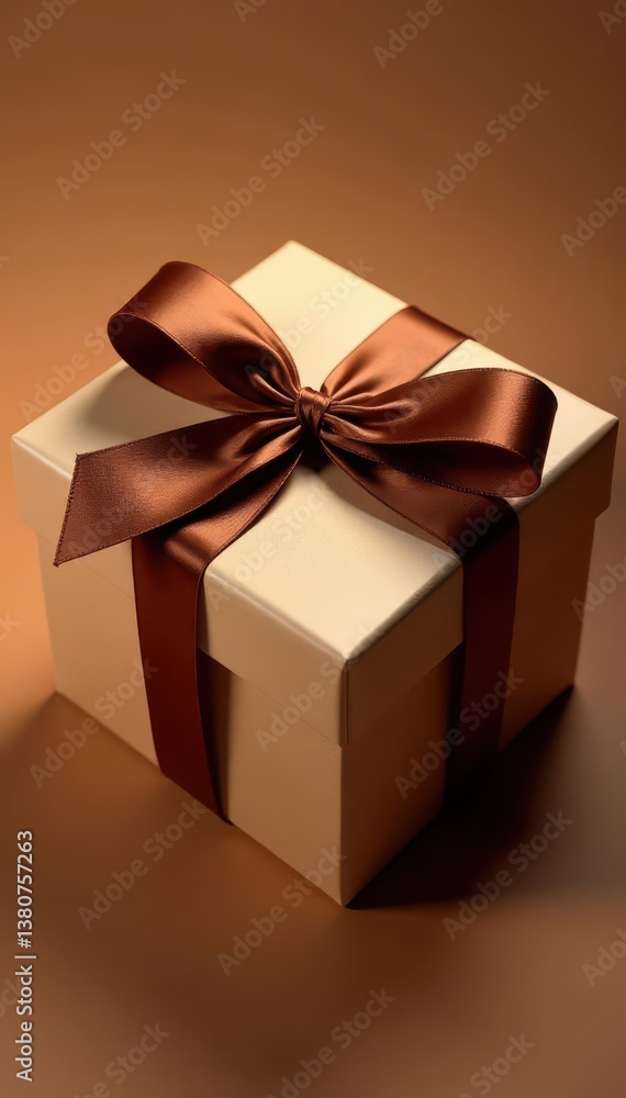 Square brown gift box, neatly tied with a broad brown satin ribbon , gift, ribbon, celebration Square brown gift box, neatly tied with a broad brown satin ribbon , gift, ribbon, celebration