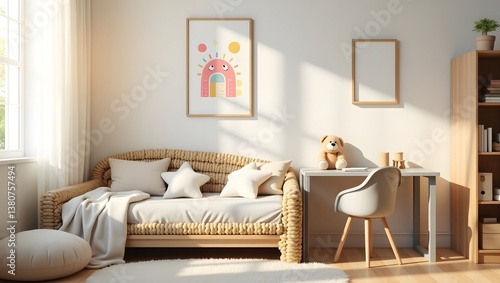 Warm and cozy child room interior with mock up poster frame, braided bed, gray desk with chair, wooden block toys, star pillow, plush dog, beige rug and personal accessories.