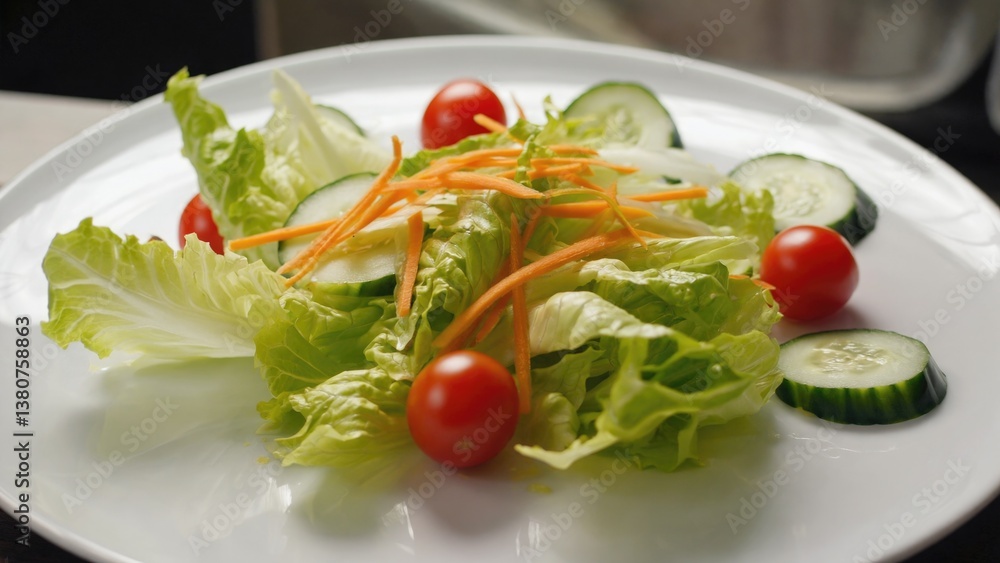 A simple yet healthy salad composed of lettuce, tomatoes, and cucumbers served on a clean white plate A simple yet healthy salad composed of lettuce, tomatoes, and cucumbers served on a clean white plate