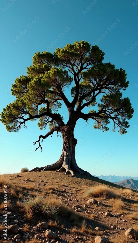 Ancient oak tree isolated on a barren hilltop, gnarled branches, Ancient oak tree isolated on a barren hilltop, gnarled branches,