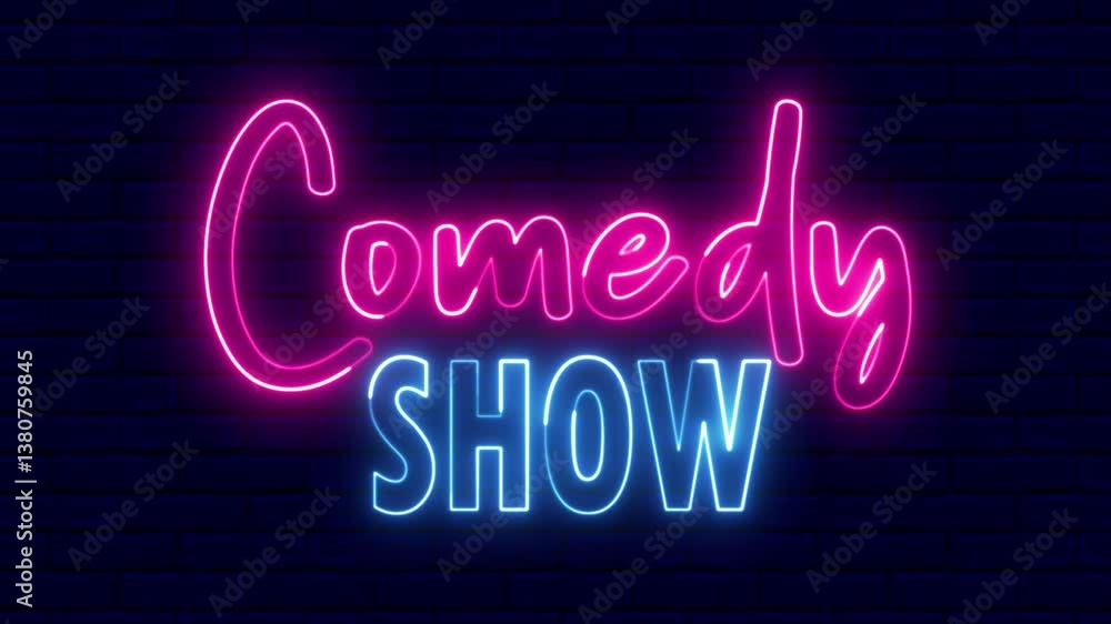 Comedy Show neon sign. Comedy Show text font with neon light. Luminous and shimmering haze inside the letters of the text Comedy Show. Comedy Show neon sign. Comedy Show text font with neon light. Luminous and shimmering haze inside the letters of the text Comedy Show.