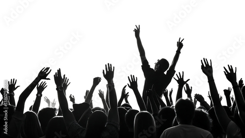black white excited crowd with raised hands isolated on white background, PNG.
