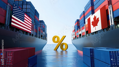 Imposing import taxes and tariffs concept. Two massive cargo ships with stacked shipping containers facing each other, US versus Canada trade war concept. Between them floats a giant percentage symbol