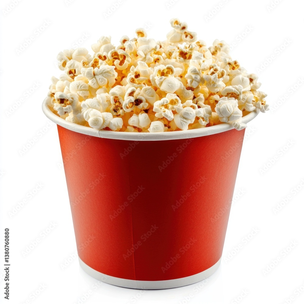 Red white paper bucket full of popcorn on isolated white background