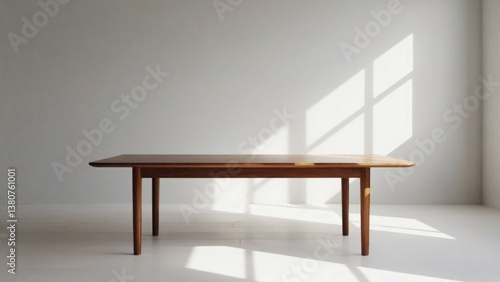 A simple wooden table sits in a white room