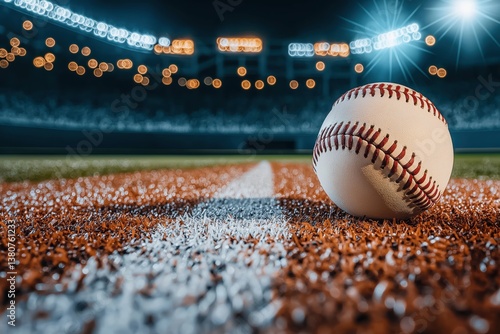 A lone white baseball rests on the pitcher's mound under the bright stadium lights at night, ready for the next pitch in a thrilling game.