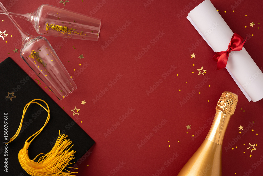 Celebrate an exciting graduation moment with a thematic arrangement of diploma, graduation cap, gold champagne bottle, and festive confetti elements on a red background Celebrate an exciting graduation moment with a thematic arrangement of diploma, graduation cap, gold champagne bottle, and festive confetti elements on a red background
