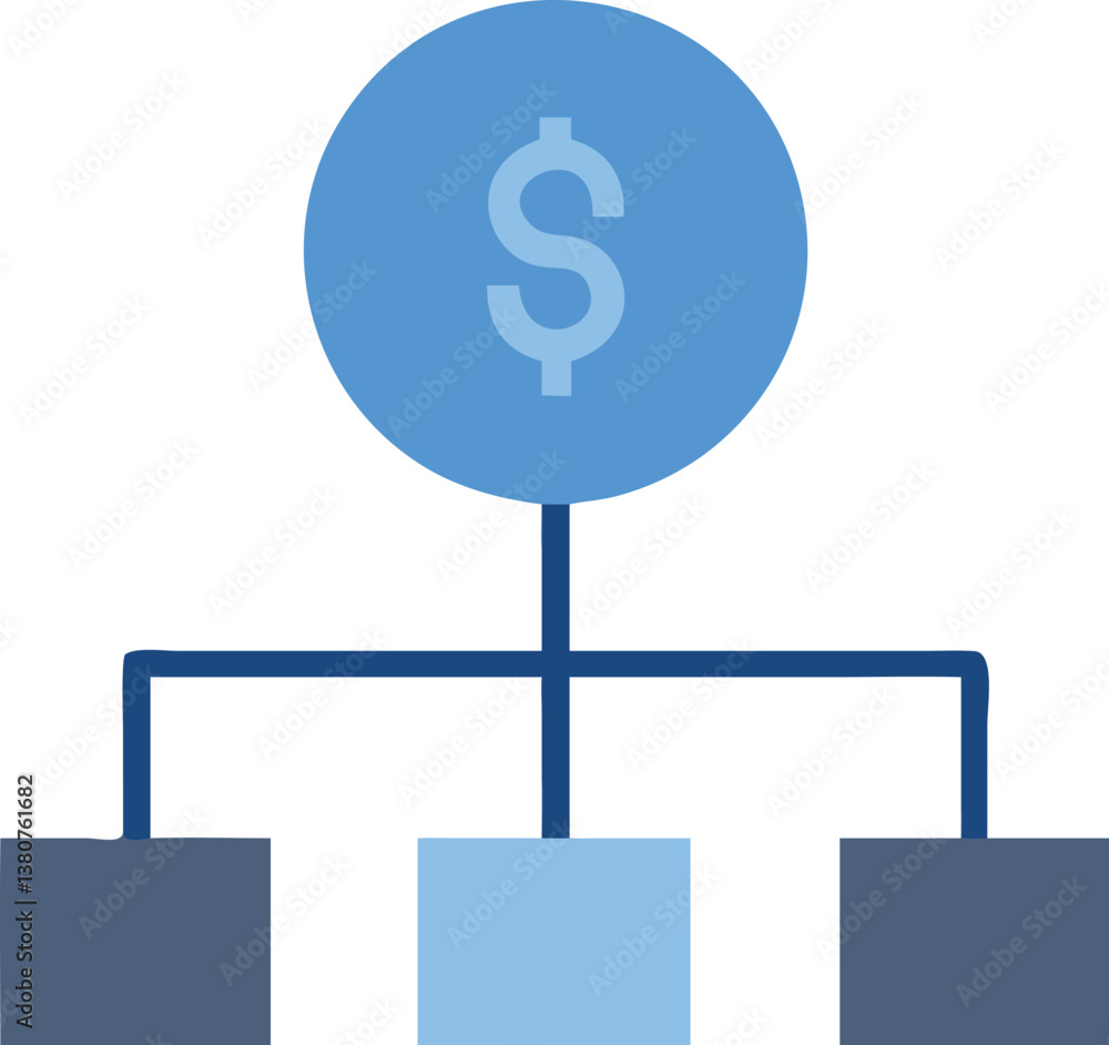 Simple financial hierarchy icon, dollar sign in blue circle, three connected boxes below, minimalist design, flat graphic style, light blue and gray color scheme, business infographic element, organiz Simple financial hierarchy icon, dollar sign in blue circle, three connected boxes below, minimalist design, flat graphic style, light blue and gray color scheme, business infographic element, organiz