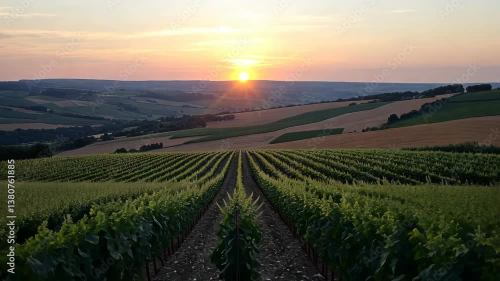 Sunset over a vineyard in the countryside creates a serene landscape filled with rows of grapevines under a colorful sky Sunset over a vineyard in the countryside creates a serene landscape filled with rows of grapevines under a colorful sky