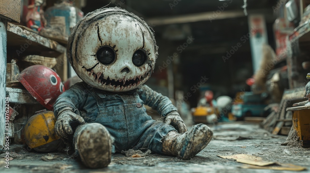 Fototapeta premium Creepy Abandoned Doll in Distressed Workshop with Vintage Toys and Tools