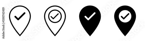 Location pin icon set with check mark – black, outline, map marker symbols
