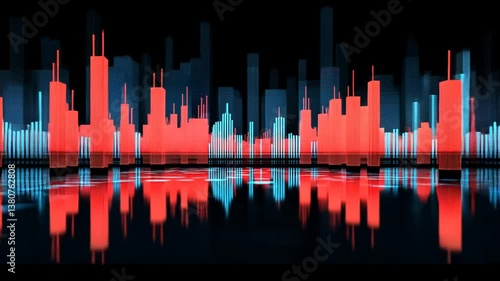 Abstract futuristic cityscape with vibrant red and blue digital architecture reflections