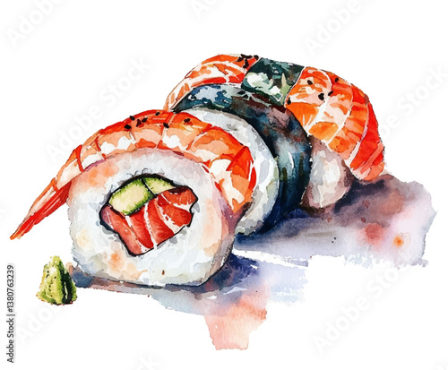 Sushi rolls featuring salmon, shrimp, seaweed watercolor-style vector illustration with vibrant splashes of color. Perfect for Japanese cuisine menus, restaurant branding.