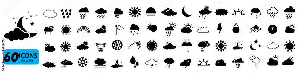 Set of 60 Weather and Sky Icons, Flat Style, 256x256 Pixels Set of 60 Weather and Sky Icons, Flat Style, 256x256 Pixels