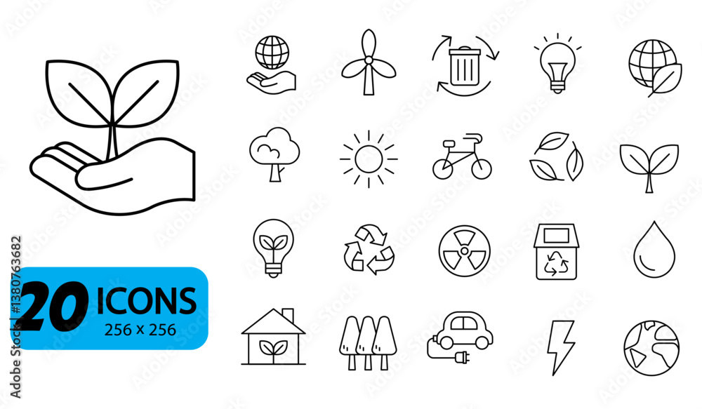 Fototapeta premium Set of 20 Sustainability and Ecology Icons, Outline Style, 256x256 Pixels