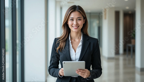 Young Asian businesswoman in navy blue suit and white shirt smiling at camera while holding tablet in modern bright office corridor