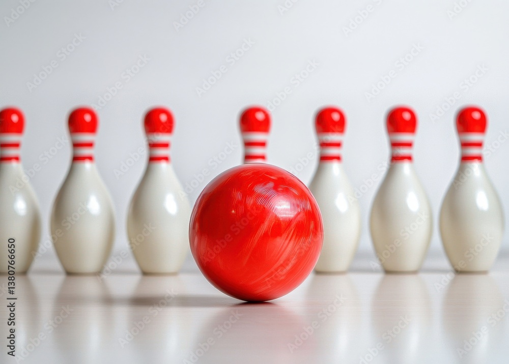 Red Bowling Ball in Front of White Pins on Smooth Bowling Alley Surface Red Bowling Ball in Front of White Pins on Smooth Bowling Alley Surface