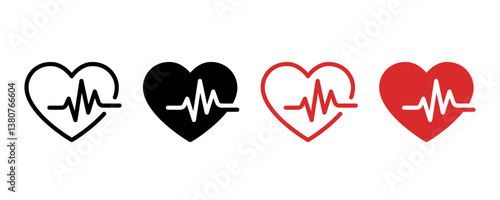 Heart beat icon set. Heart shape with pulse line. Set of heartbeat icon isolated. Vector illustration