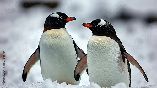 Two gentoo penguins interacting in a snowy landscape, showcasing their playful behavior in the wild