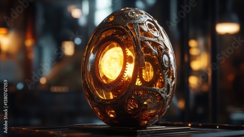 Intricate Metallic Egg with Gears and Glowing Center on Display