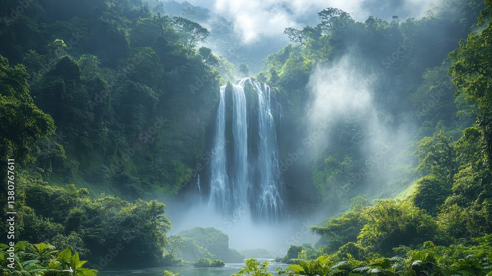 Majestic waterfall cascading through lush green jungle, mist rising Majestic waterfall cascading through lush green jungle, mist rising