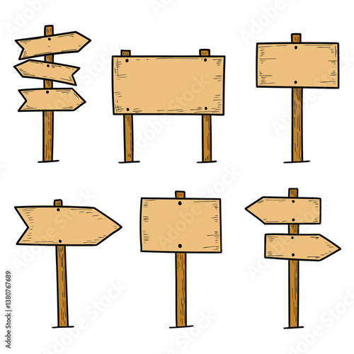 Hand drawn cartoon set of wooden signboards on white background.