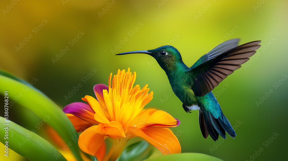 Fototapeta premium A hummingbird hovering over a brightly colored flower