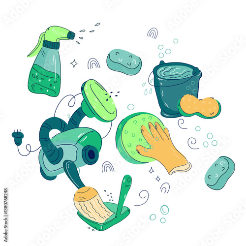 Decorative elements for cleaning services banners and business cards design, hand drawn doodle style vector illustration isolated on white background.