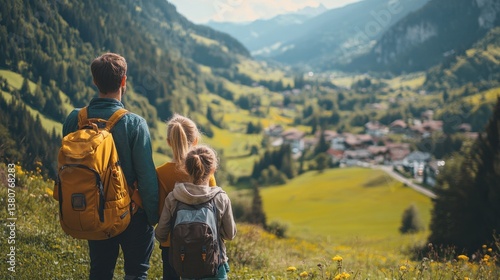 Family Enjoying Scenic Mountain View on a Summer Hiking Adventure Together
