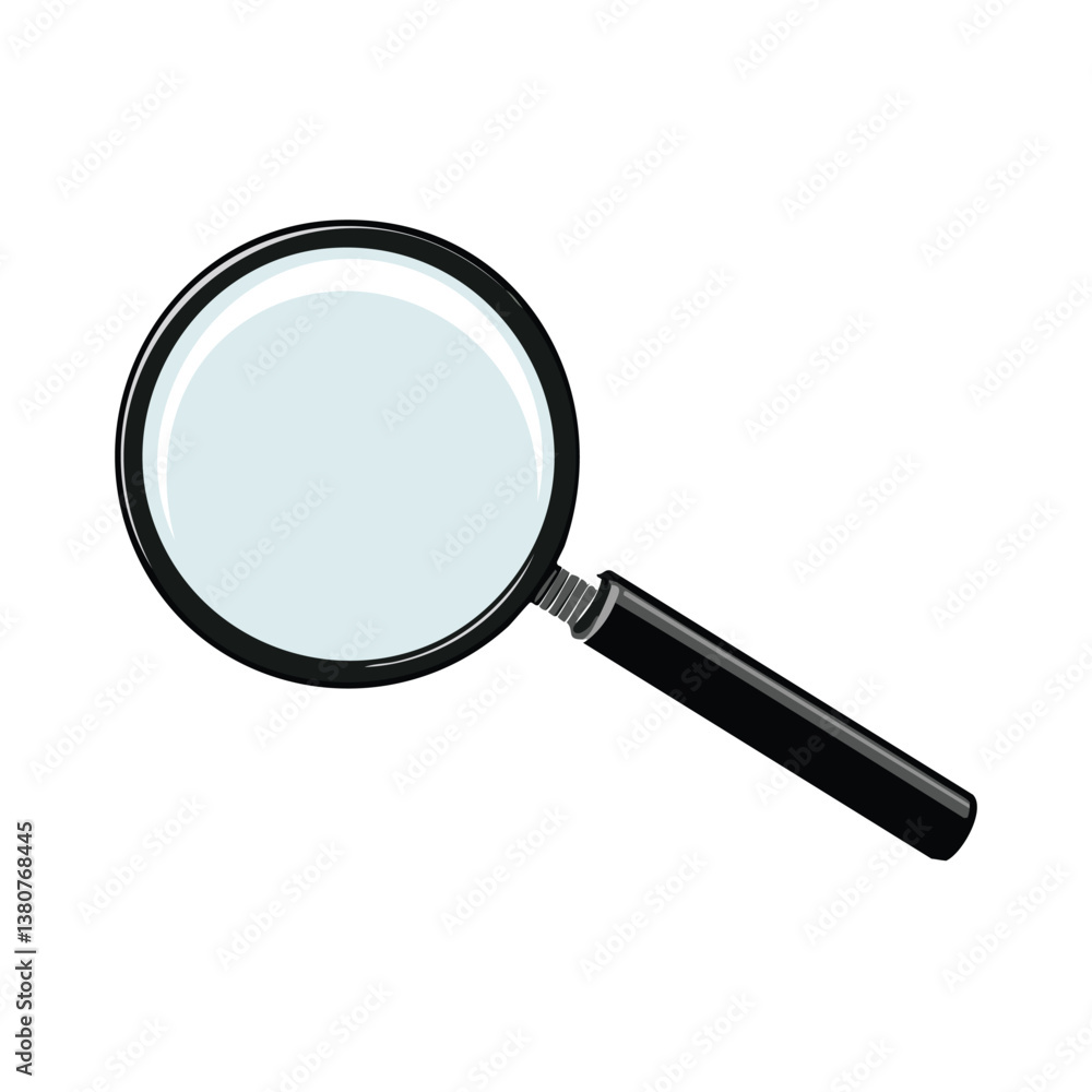 Vector Illustration of a Magnifying Glass Tool with a Black Handle and Transparent Lens, Ideal for Scientific and Detective Use Vector Illustration of a Magnifying Glass Tool with a Black Handle and Transparent Lens, Ideal for Scientific and Detective Use