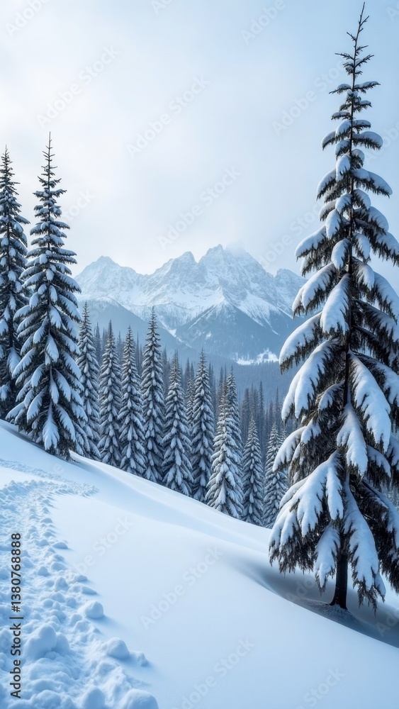 Fototapeta premium Snowy mountain range with a path leading to a tree covered in snow. The scene is peaceful and serene, with the snow-covered trees