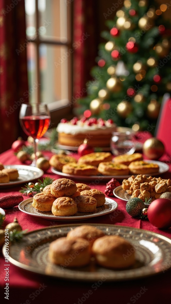 Table is set with a variety of desserts and a glass of wine. The table is decorated with Christmas ornaments and a Christmas tree Table is set with a variety of desserts and a glass of wine. The table is decorated with Christmas ornaments and a Christmas tree