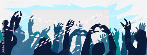 Music show or concert image of a crowd of people with hands up in the air, enjoying the music or performance, vector illustration. Backdrop with hands of people at stadium or concert hall.