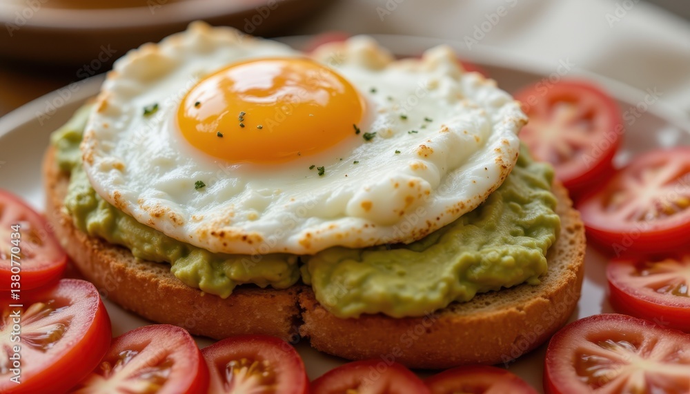A perfectly cooked egg with a runny yolk sits atop a creamy avocado spread on crispy toast, surrounded by fresh A perfectly cooked egg with a runny yolk sits atop a creamy avocado spread on crispy toast, surrounded by fresh