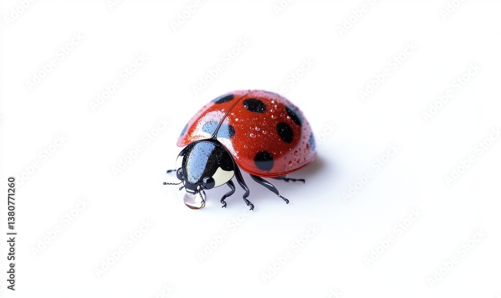 Ladybug drinking water droplet on white background, macro wildlife shot Ladybug drinking water droplet on white background, macro wildlife shot