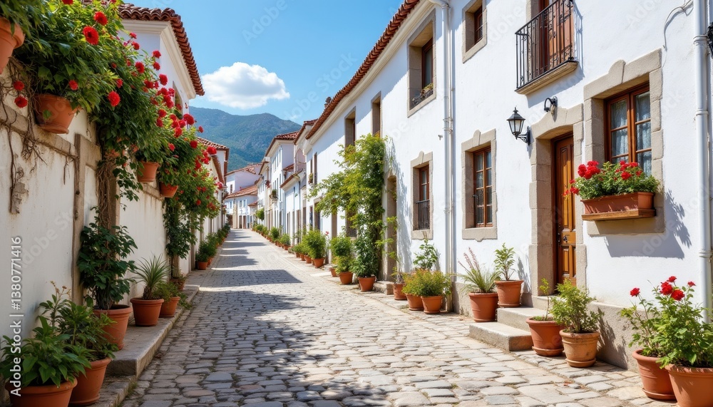 The cobblestone street is lined with charming whitewashed buildings adorned with vibrant flowers The cobblestone street is lined with charming whitewashed buildings adorned with vibrant flowers