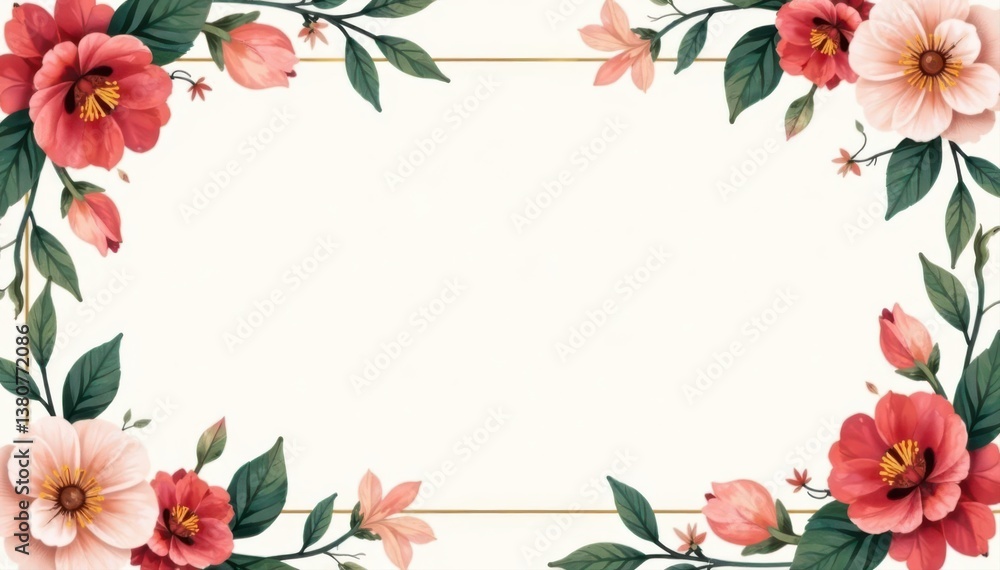 Fototapeta premium Minimalist floral frame border, large blank center , design, leaves