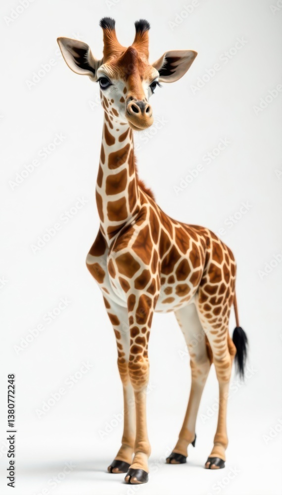Obraz premium Newborn giraffe, delicate features, long limbs, pure white backdrop , isolated, nature