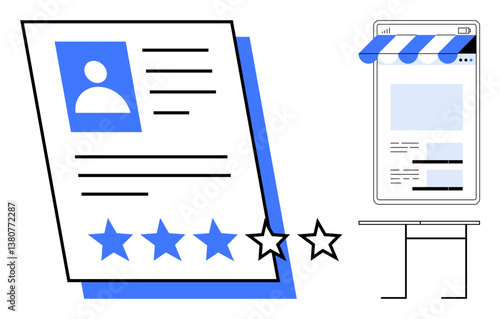 Profile document with a 4-star rating next to a tablet featuring an online storefront. Ideal for feedback, online shopping, quality evaluation, e-commerce, branding, reputation, consumer trust. Flat