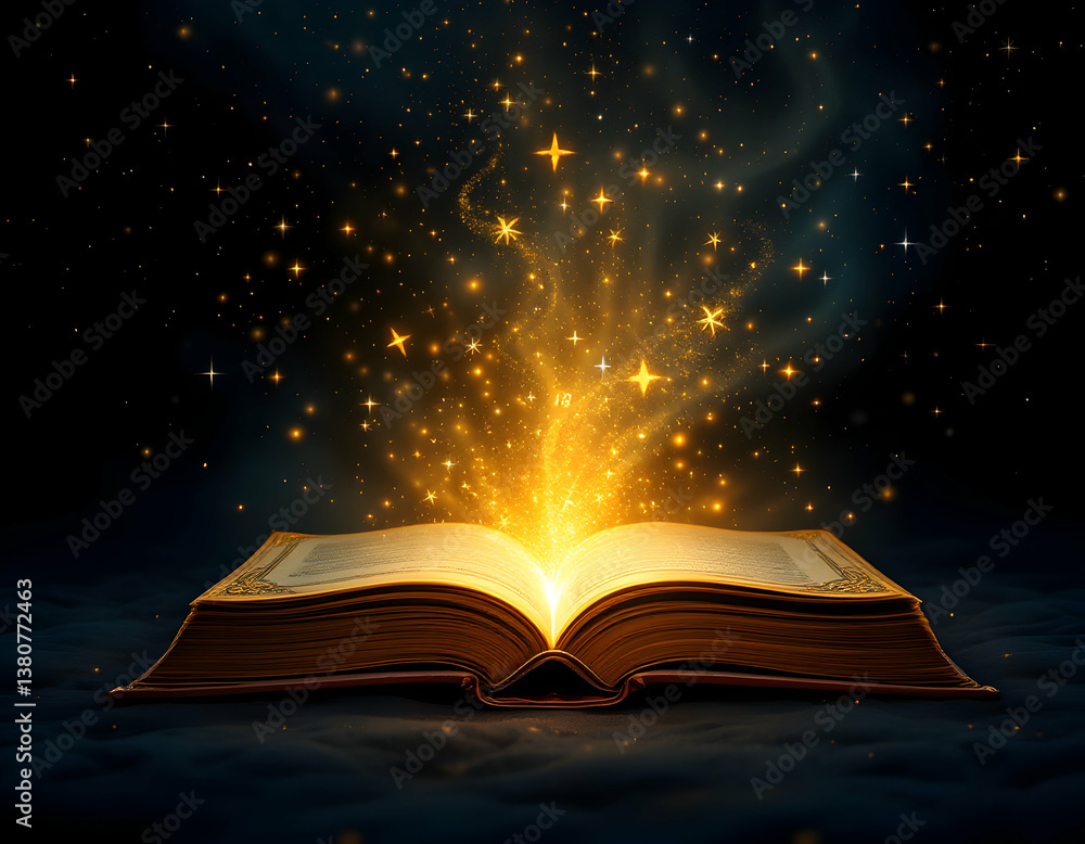Open Book with Magical Light and Stars Illustration for Creative Storytelling Open Book with Magical Light and Stars Illustration for Creative Storytelling