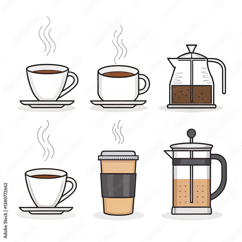 Obraz premium Minimalist Coffee Icons with Cups, French Press, and Pour-Over Kettle – Hand-Drawn Illustration