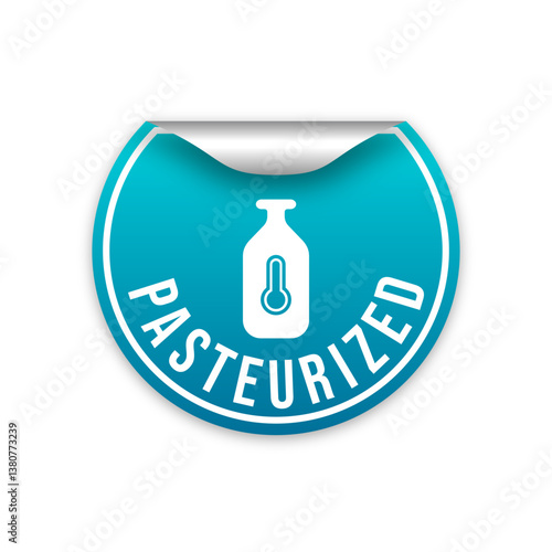 pasteurized milk vector symbol, blue stamp folded sticker with milk bottle and thermometer 