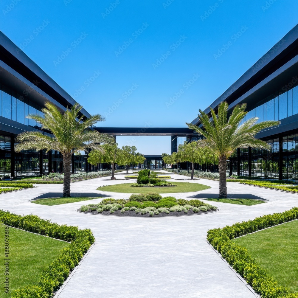 Naklejka premium Modern architectural courtyard with palm trees, lush landscaping, and a paved pathway. Bright sunlight and clear blue sky.