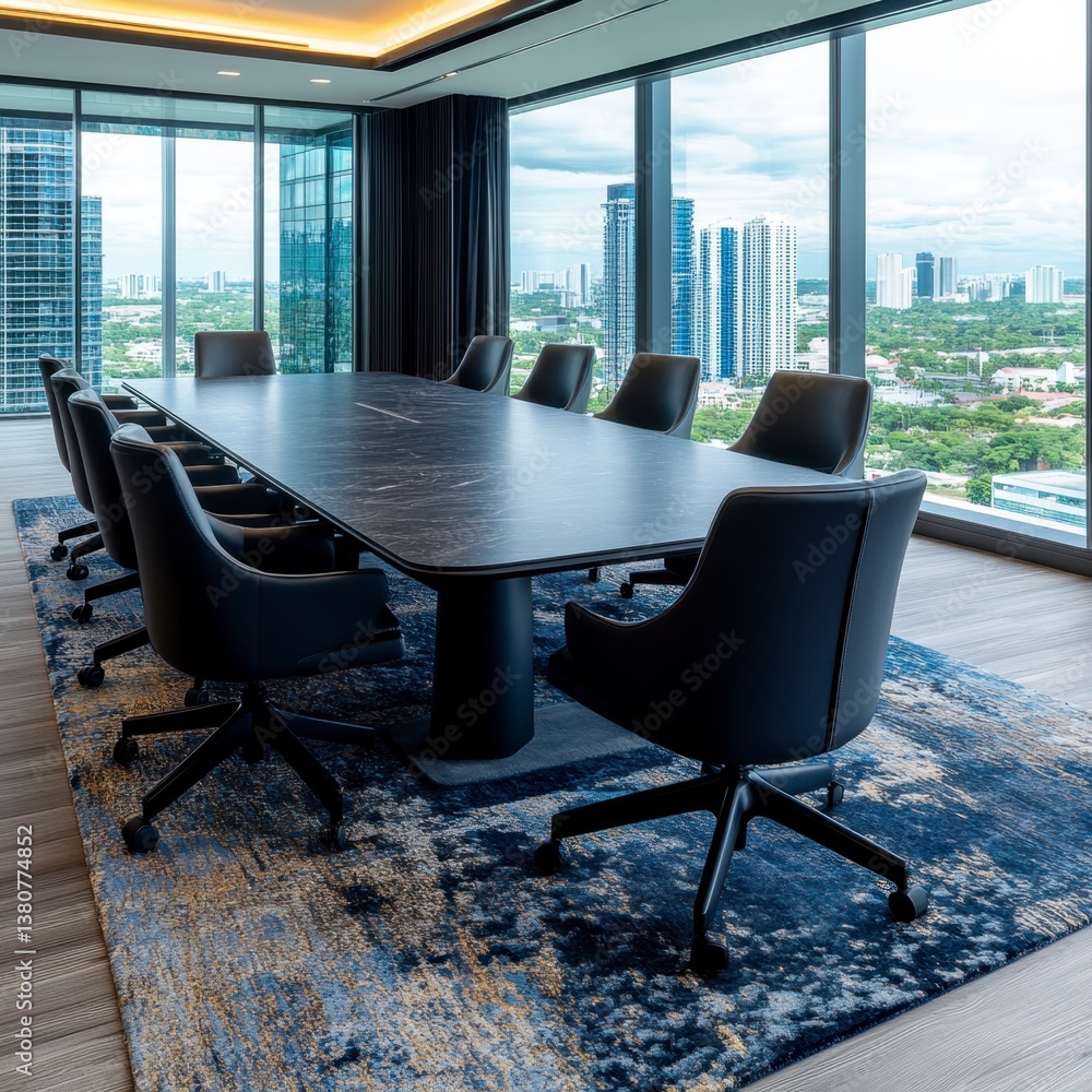 Modern boardroom with large table, city view, and blue rug.