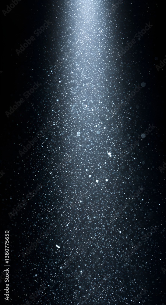 Hyper-realistic macro shot of silver dust suspended in the air, softly illuminated by a cool-toned spotlight Hyper-realistic macro shot of silver dust suspended in the air, softly illuminated by a cool-toned spotlight
