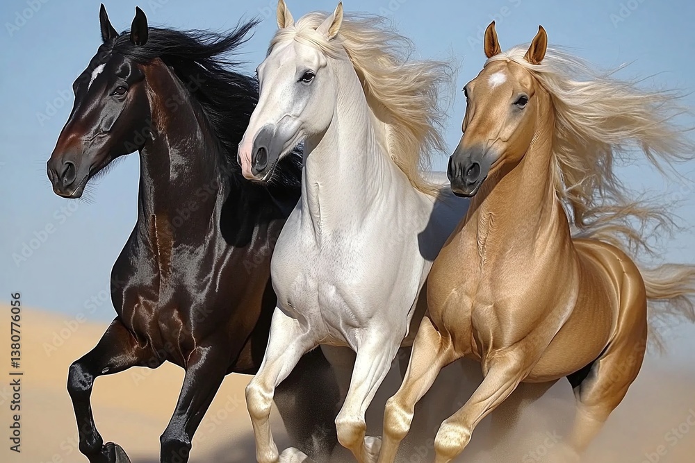 Obraz premium Three majestic horses — a black, a white, and a gold — run freely across a sandy landscape, manes and tails flowing in the wind.