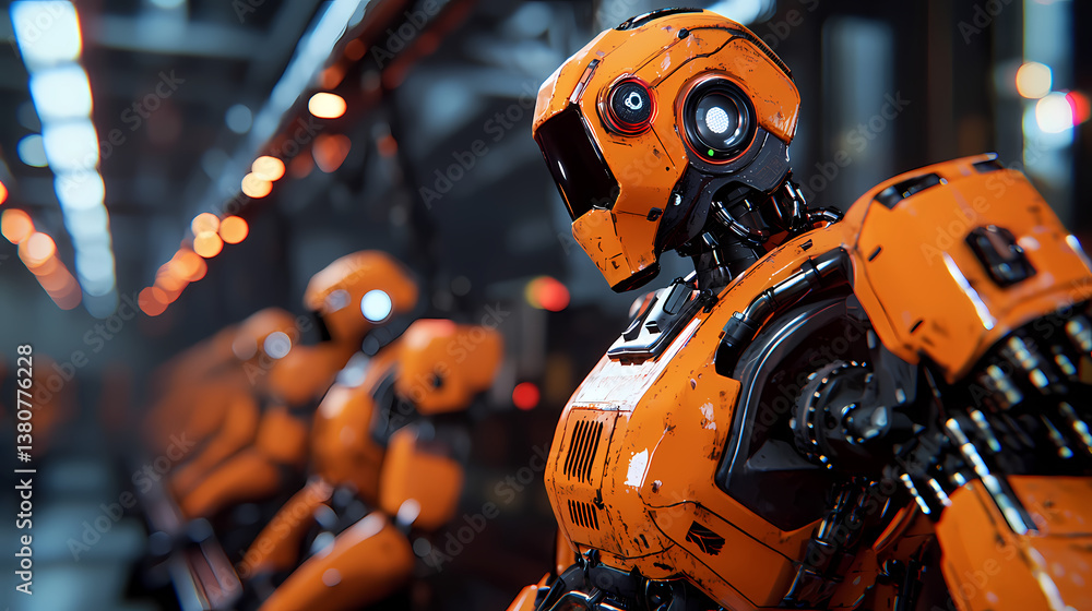 A close-up of a futuristic orange robot in a high-tech environment, showcasing intricate details and a glossy finish. A close-up of a futuristic orange robot in a high-tech environment, showcasing intricate details and a glossy finish.