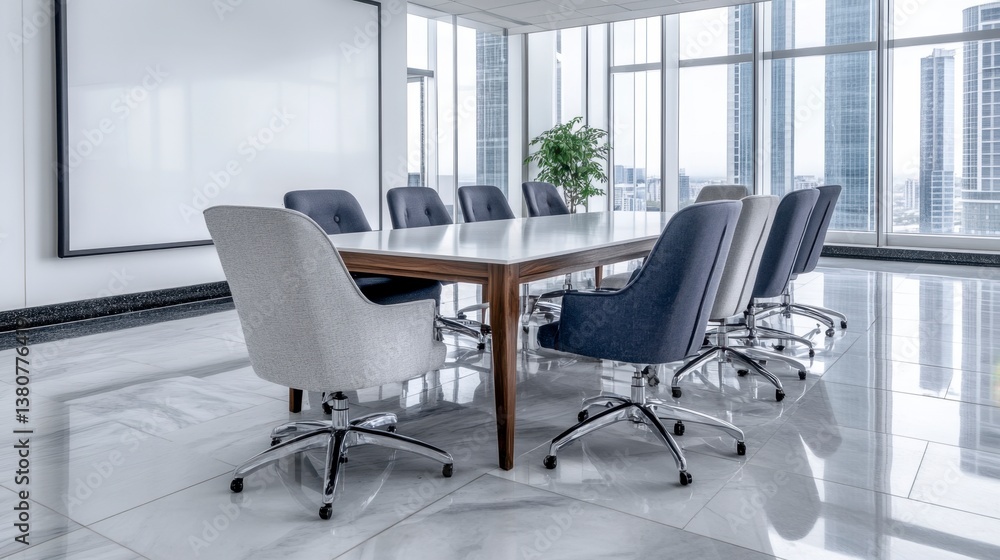 Modern conference room with large windows offering a city view, featuring a long table surrounded by chairs. Modern conference room with large windows offering a city view, featuring a long table surrounded by chairs.